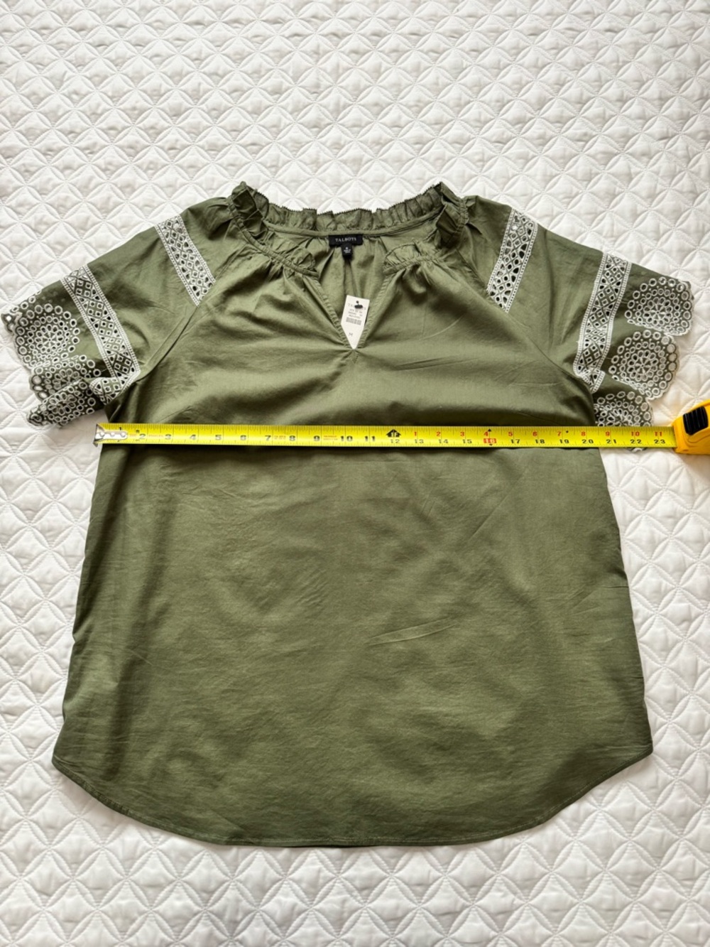 NWT Talbots Olive Green Embroidered Eyelet Sleeve Ruffle Neck Blouse Size Medium - Picture 5 of 15